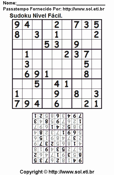 Jogo Sudoku Fácil Com Resposta. Jogo Nº 53.