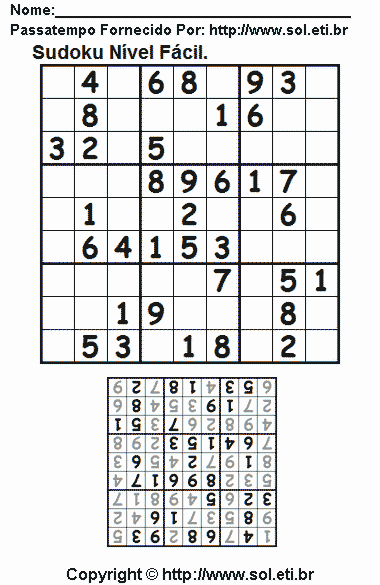 Jogo de Lógica Matemática Sudoku Para Imprimir Com Respostas. Jogo