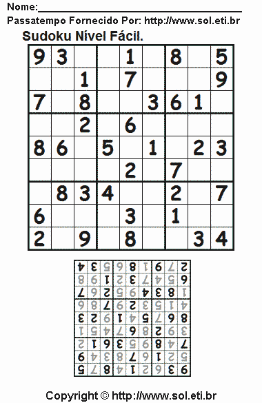 Jogo Sudoku 9 x 9 Fácil Com Respostas Para Imprimir. Jogo Nº 60.