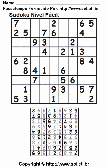 Passatempo Sudoku Fácil Com Resposta. Jogo Nº 722.