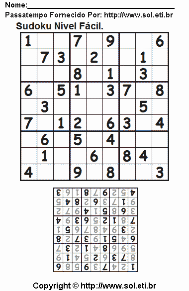 Jogo Sudoku Fácil Com Resposta Para Imprimir. Jogo Nº 258.