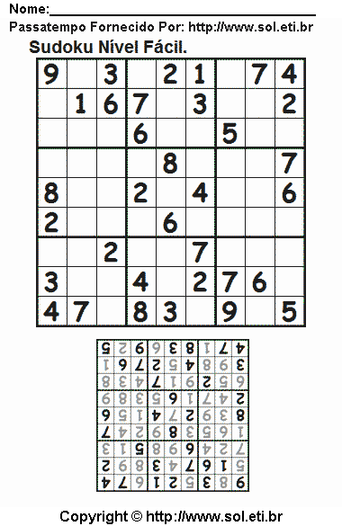 Sudoku 9 x 9 Fácil Com Resposta Para Imprimir. Jogo Nº 413.