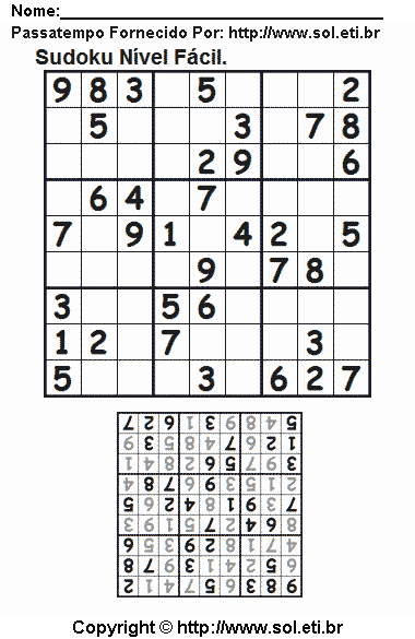 Jogo Sudoku Fácil Para Imprimir Com Resposta. Jogo Nº 131.