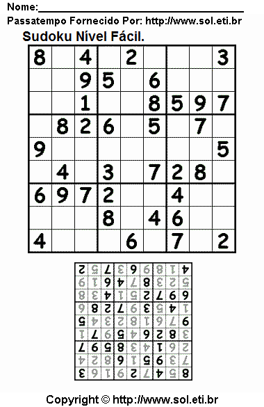 Jogo Sudoku 9 x 9 Para Imprimir Com Respostas. Jogo Nº 252.
