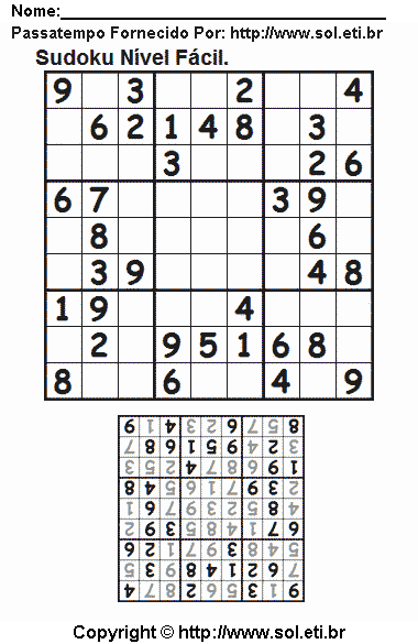 Sudoku 9 x 9 Fácil Com Resposta Para Imprimir. Jogo Nº 413.