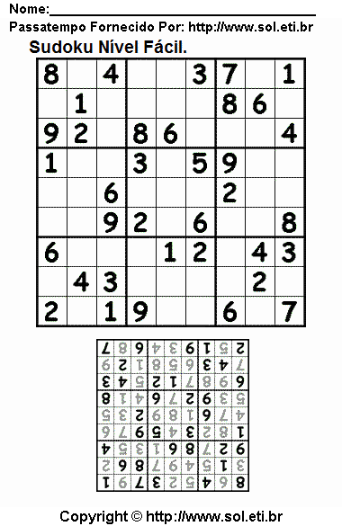 Sudoku Fácil Com Respostas. Jogo Nº 6.