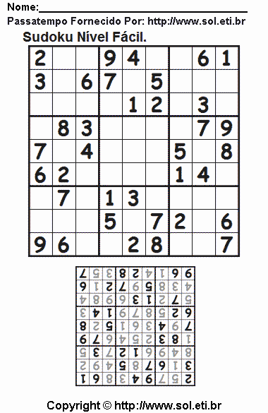 Quebra Cabeça Sudoku Fácil Para Imprimir Com Resposta. Jogo Nº 316.