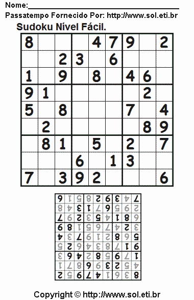 Passatempo Sudoku Grade 9 x 9 Para Imprimir. Jogo Nº 93.