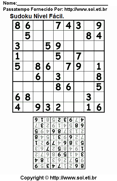 Jogo Sudoku Fácil Com Resposta Para Imprimir. Jogo Nº 258.