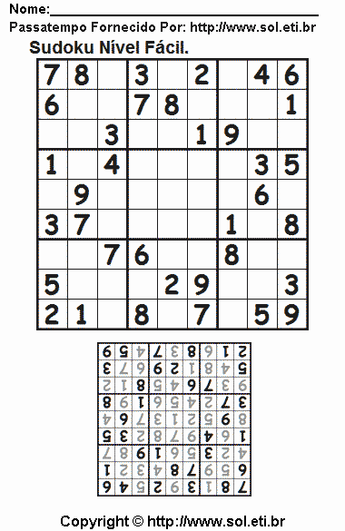 Jogo Sudoku 9 x 9 Para Imprimir Com Resposta. Jogo Nº 534.