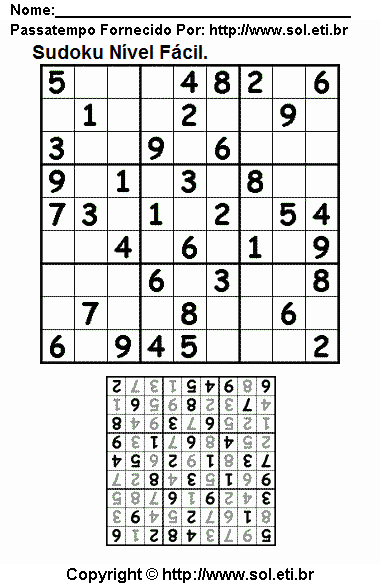 Jogo Sudoku 9 x 9 Para Imprimir Com Respostas. Jogo Nº 252.