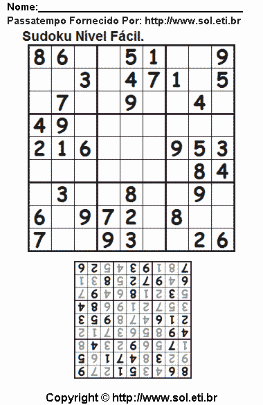 Passatempo Sudoku Grade 9 x 9 Para Imprimir. Jogo Nº 93.