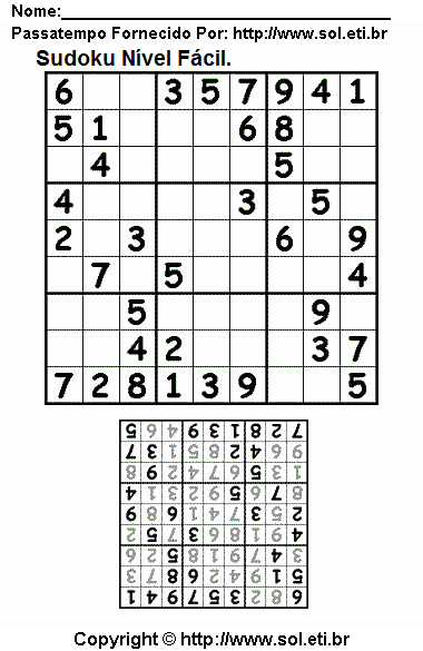 Jogo Com Números Sudoku 9 x 9 Para Impressão. Jogo Nº 774.