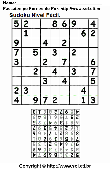 Jogo Sudoku Fácil Com Respostas Para Imprimir. Jogo Nº 661.