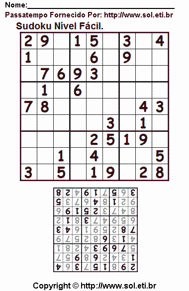 Passatempo de Lógica Matemática Sudoku Com Respostas. Jogo Nº 579.