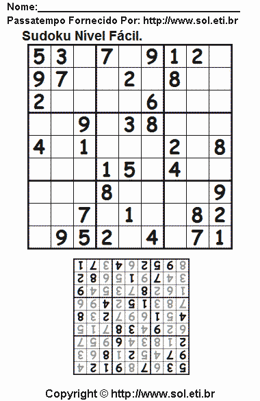 Jogo Sudoku Fácil Com Resposta. Jogo Nº 53.