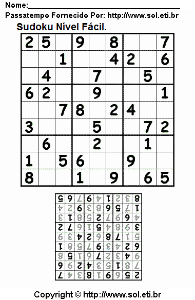 Jogo de Lógica Matemática Sudoku Para Imprimir Com Respostas. Jogo