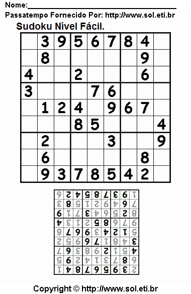 Jogo Sudoku 9 x 9 Fácil Com Respostas Para Imprimir. Jogo Nº 60.