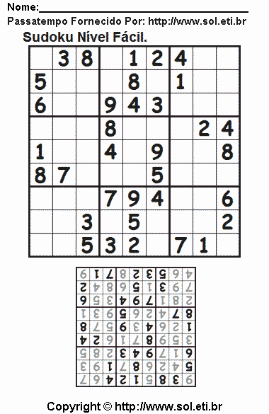 Jogo de Lógica Matemática Sudoku Para Imprimir Com Respostas. Jogo