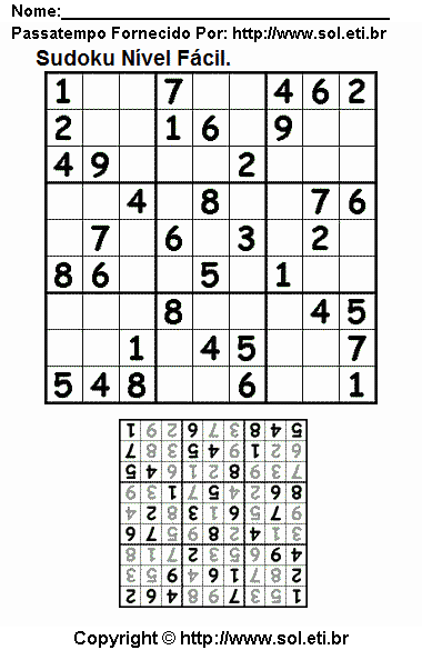 Jogo Sudoku 9 x 9 Fácil Com Respostas Para Imprimir. Jogo Nº 60.