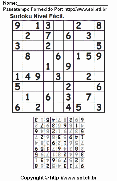 Sudoku Para Imprimir Com Respostas. Jogo Nº 1.