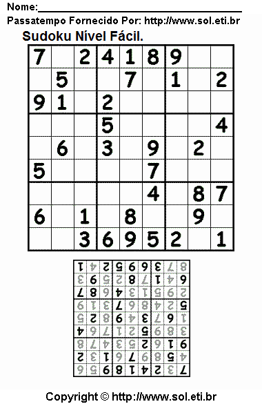 Jogo Sudoku Fácil Com Resposta Para Imprimir. Jogo Nº 459.