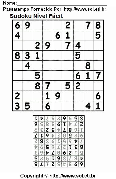 Passatempo Sudoku Fácil Com Resposta. Jogo Nº 29.