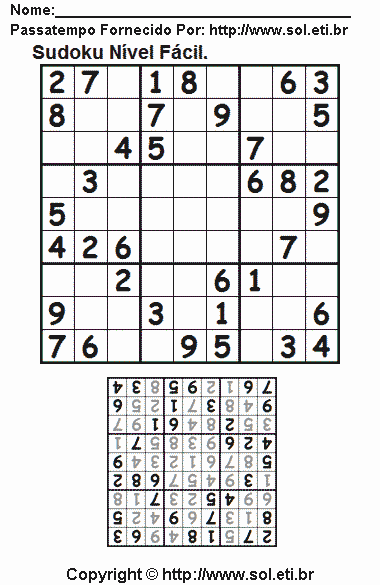 Passatempo Sudoku Fácil Para Imprimir. Jogo Nº 91.