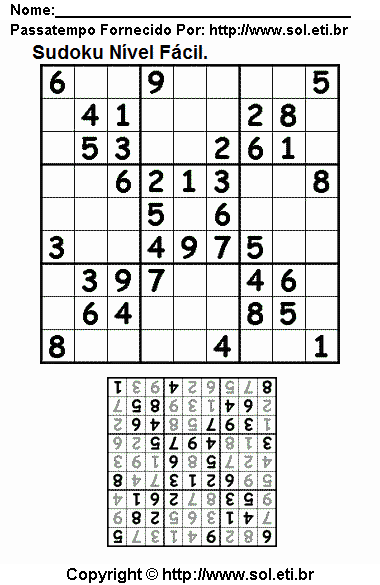 Jogo Sudoku Fácil Com Resposta. Jogo Nº 53.