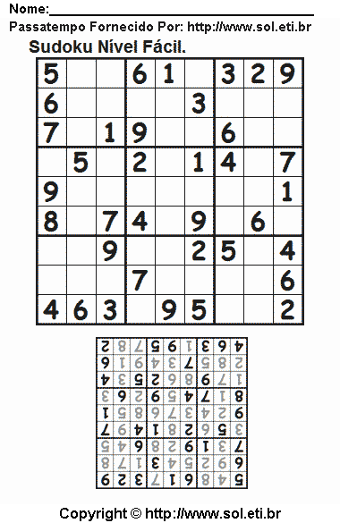 Passatempo Sudoku Grade 9 x 9 Para Imprimir. Jogo Nº 93.