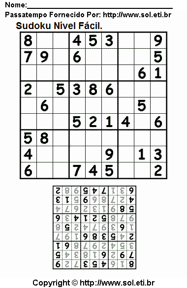 Jogo Sudoku Fácil Com Respostas Para Imprimir. Jogo Nº 58.