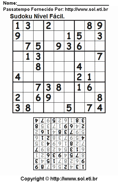 Passatempo Sudoku Grade 9 x 9 Para Imprimir. Jogo Nº 93.