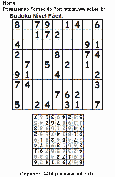 Passatempo Sudoku Fácil Para Imprimir. Jogo Nº 91.