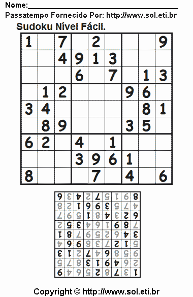 Jogo Com Números Sudoku 9 x 9 Para Impressão. Jogo Nº 774.