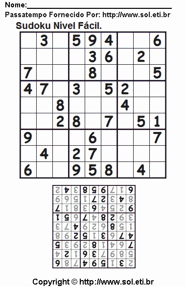 Jogo de Lógica Matemática Sudoku Para Imprimir Com Respostas. Jogo