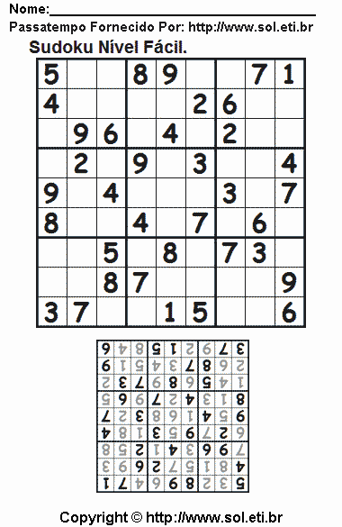 Passatempo de Lógica Matemática Sudoku Para Imprimir Com Respostas