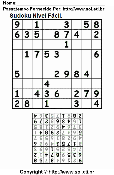 Jogo Sudoku Fácil Com Respostas Para Imprimir. Jogo Nº 58.