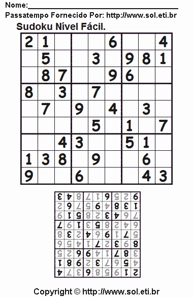 Jogo de Lógica Matemática Sudoku Para Imprimir. Jogo Nº 585.