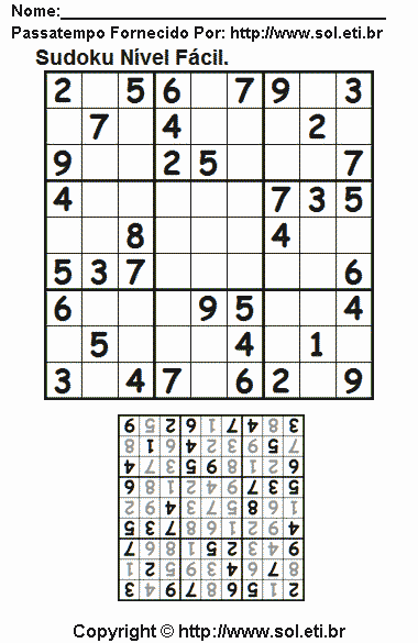 Quebra Cabeça Sudoku Fácil Para Imprimir Com Resposta. Jogo Nº 316.