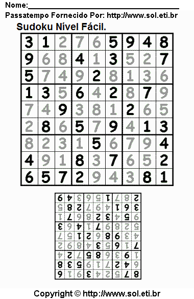 Jogo Numérico Sudoku Para Imprimir Com Resposta. Jogo Nº 134.