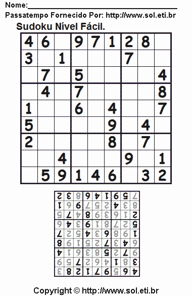 Passatempo Sudoku Fácil Com Resposta. Jogo Nº 722.