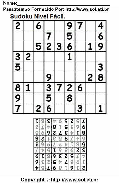 Passatempo Sudoku 9 x 9 Com Respostas Para Imprimir. Jogo Nº 28.