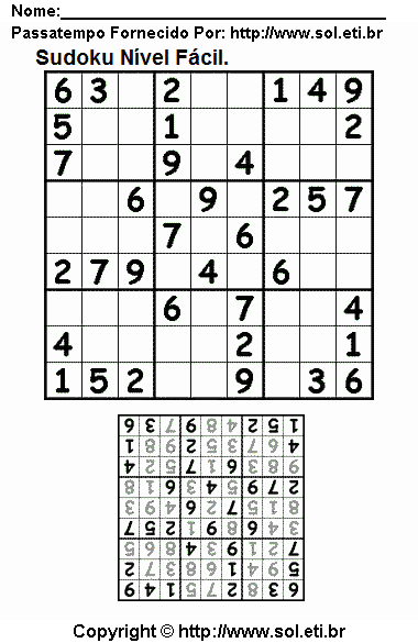 Sudoku Fácil Com Resposta Para Imprimir. Jogo Nº 9.