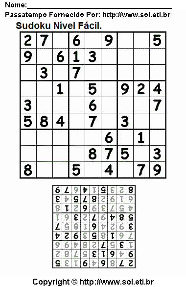 Jogo Sudoku Fácil Com Resposta Para Imprimir. Jogo Nº 459.