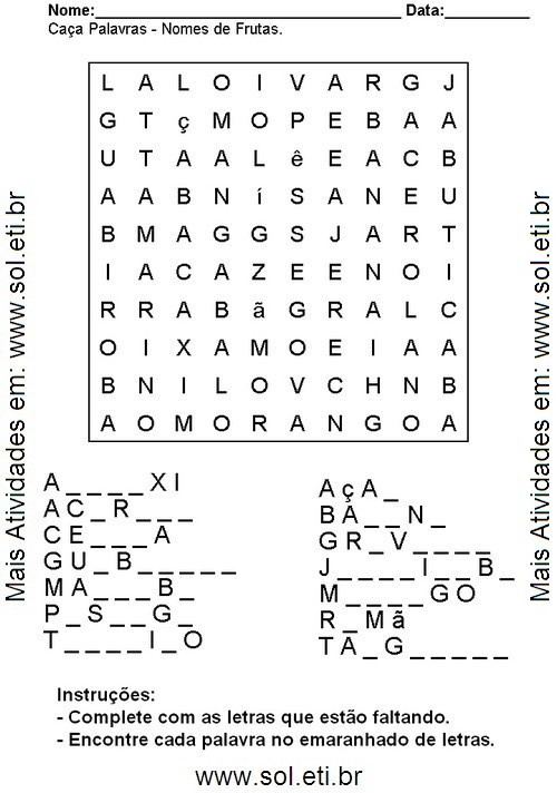 Caça Palavras Para Imprimir: Nomes de Frutas.